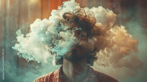 Creative portrait of a person with their face obscured by swirling smoke clouds, giving an air of mystery