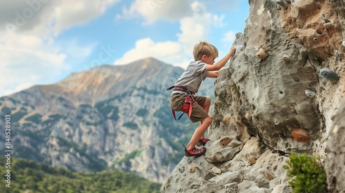 The child is climbing on a natural terrain A boy climbs a rock on a background of mountains Extreme hobby Athletic kid trains to be strong Rock climbing safety : Generative AI