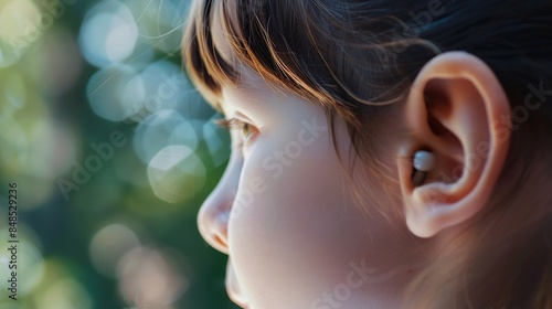 ear closeup child listening sound wave acoustics and sound vibrations Auditory System Hearing Test Cochlear implant Assistive listening device : Generative AI