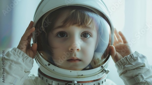 small child imagines himself to be an astronaut in an astronauts helmet : Generative AI