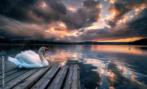 A swan swimming in the lake, on a wooden dock, with a twilight sky of dark clouds, reflections in the water