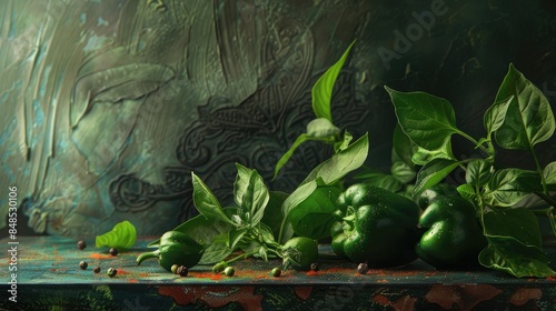 Green leaves and pepper in a still life