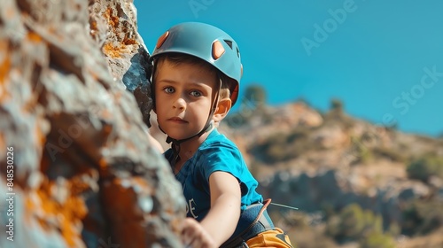 The child is climbing on a natural terrain A boy climbs a rock on a background of mountains Extreme hobby Athletic kid trains to be strong Rock climbing safety : Generative AI