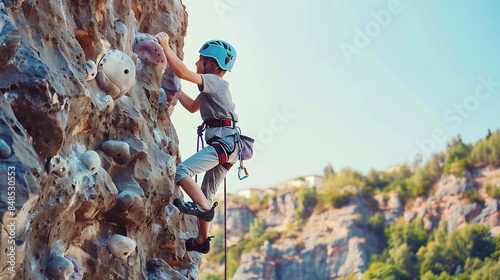 rock climber boy child is practicing rock climbing summer camp sport in nature cute teenager climbing on a rock with belay sport people lifestyle concept : Generative AI