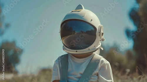 small child imagines himself to be an astronaut in an astronauts helmet : Generative AI