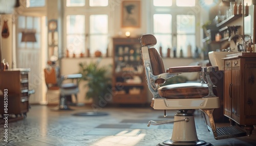Vintage barber shop interior with classic barber chair, nostalgic decor, and sunlight streaming through large windows.