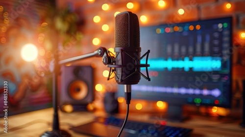 Professional microphone setup in a home studio for podcast or music recording, featuring a colorful and modern background with ambient lighting.