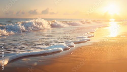Serene beach scene with waves gently lapping on the shore during a golden sunset, creating a tranquil and peaceful atmosphere.