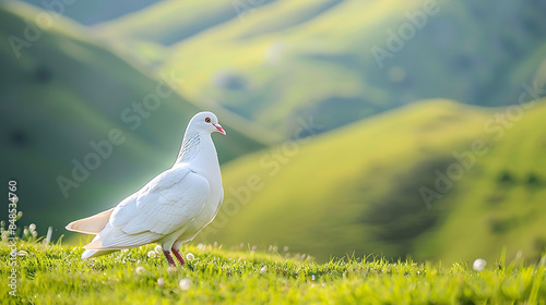 a white pigeon standing on grass with rolling green hills in the background. The pigeon is the focal point against the serene backdrop