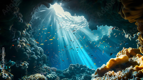 魚の群れと光の筋が差し込む海中洞窟