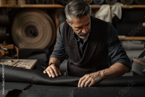 Man couturier is straightening a roll of black fabric.