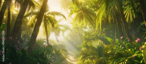 Tropical Landscape with Palm Trees, Glowing Leaves, and Serene Morning Vibes