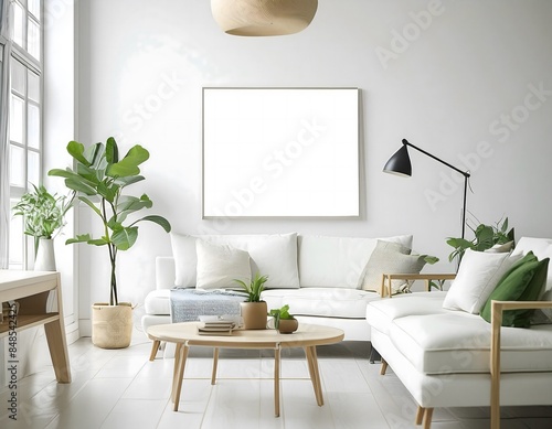 Mock up Frame. Empty Picture frame on wall in stylish living room. generative AI image