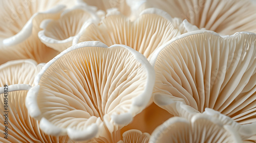 Stunning macro shot of white mushroom gills, showcasing intricate natural patterns and textures. Ideal for use in culinary blogs, educational materials, nature documentaries, and health and wellness 