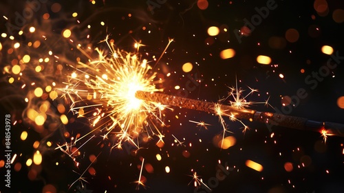 A single sparkler against a dark background with sparks flying around capturing the essence of celebration and excitement