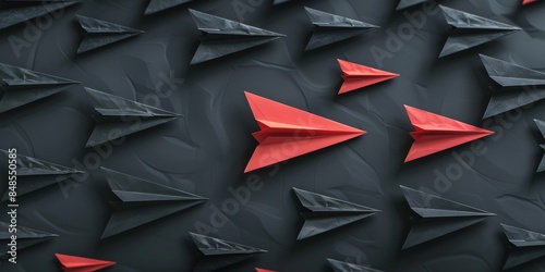 A striking image of a red paper airplane breaking away from a uniform pattern of black paper airplanes, symbolizing leadership and innovation.