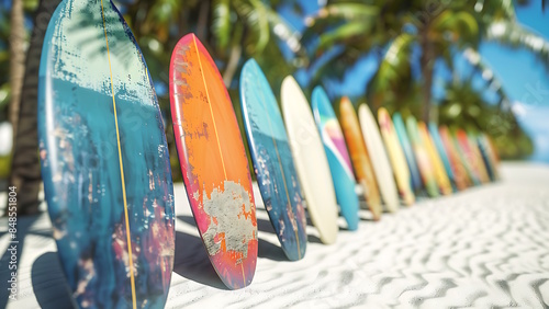 Surf board in the sand at the beach. Colorful surf board on the beach.