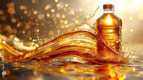 Golden Liquid Splash with Bottle