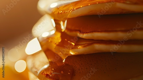 Macro detail of a stack of pancakes, syrup dripping, no humans, family breakfast setting, warm morning light 