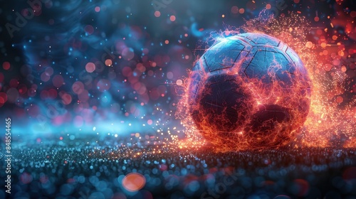A decrepit soccer ball surrounded by fiery energy in a mystic environment