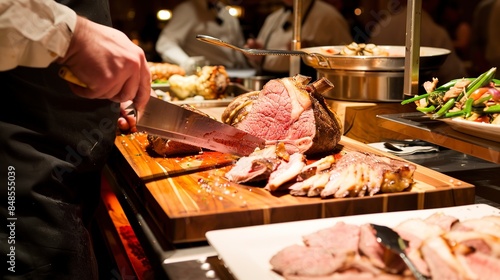 Detailed shot of a buffet carving station, prime rib on the cutting board, no humans, focus on juicy meat 