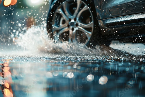A car drives over a pool of water splashing liquid around it