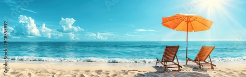 Summer Beach Getaway: Wooden Sun Loungers, Ocean Views, and Blue Skies