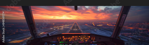 Stunning view from an airplane cockpit approaching a runway at sunset, with vibrant city lights and a colorful sky.