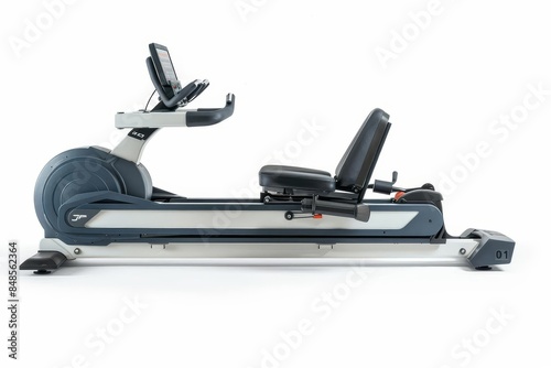 A rowing machine with a digital display and adjustable resistance settings, white background