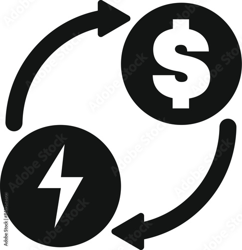 Black and white icon of energy converting to money and vice versa