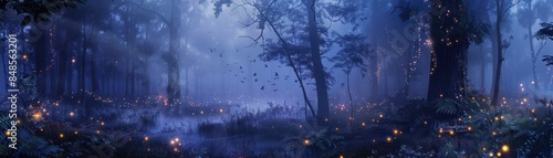 Magical, enchanted forest scene at twilight with glowing fireflies, mist, and whimsical atmosphere. Dreamlike ambiance perfect for fantasy themes.