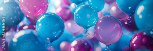 Blue, Violet and Turquoise Balloons Floating in the Air. Fun, Birthday Wallpaper.