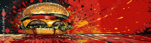 Close-up of a juicy cheeseburger with red and yellow splatters.