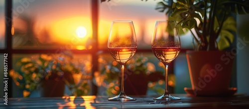 wine glasses on entertainment room table, sunset window background