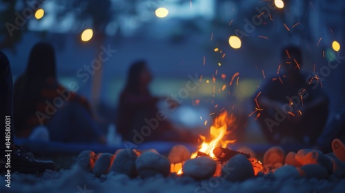 Vague image of coworkers gathered around a campfire chatting and unwinding.