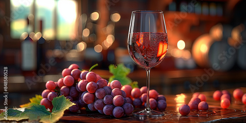 Wine and grapes on a table with a glass of red wine