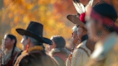 Muddled view of pilgrims and Native Americans at a Thanksgiving reenactment.