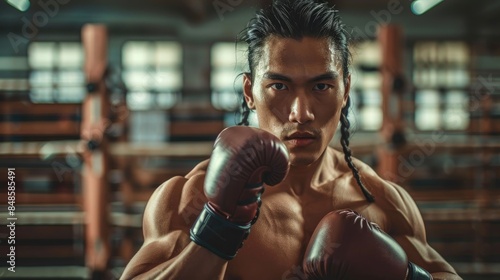 Male boxer with black hair in a gym wearing braid and shirtless and holding boxing gloves Sport involving boxing health and fitness training