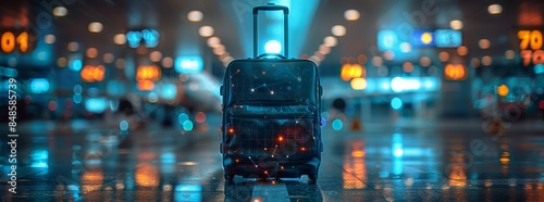 A digital luggage bag with travel icons and graphs on the background, an airplane in an airport in a blurry background, in the style of a modern style, with a blue color palette