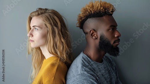 Two individuals, a woman with long blonde hair and a man with a stylish haircut and beard, are sitting back-to-back contemplating in a neutral setting