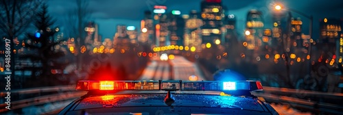 Police car flashing blue and red lights against city night skyline, displaying authority