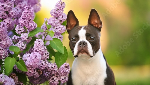 boston terrier dog portrait with lilac flowers outdoors in summer