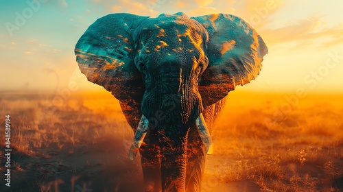 Magnificent elephant stands in a vibrant sunset, embodying the majesty of wildlife and nature's raw beauty in a vast savannah landscape.