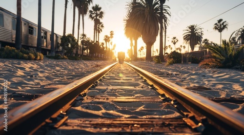 A photo of the train tracks on Venice Beach, Los Angeles. A train is approaching in the background in the style of golden hour and there are palm trees along side the sandy track.