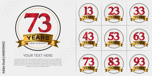 anniversary logotype set vector, red color with circle and gold ribbon for special day celebration