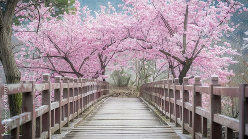 Beautiful pink cherry trees blooming extravagantly at the end of a wooden bridge in Park