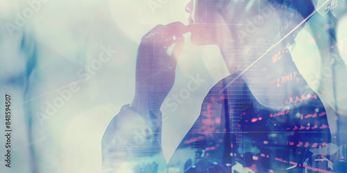 Double exposure of a business professional contemplating financial data and charts, symbolizing finance, market analysis, and decision-making. 