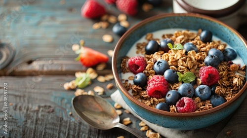 Healthy breakfast concept with granola muesli milk and fresh berries on a wooden background viewed from above
