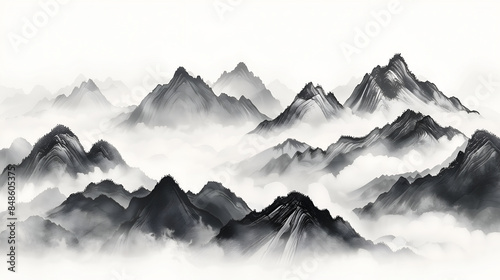 landscape in the morning, ink painting depicts many mountain peaks surrounded by clouds and mist