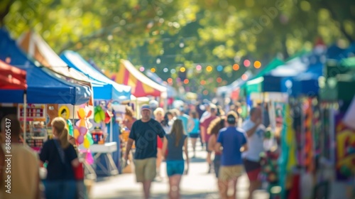 Obscured shot of a community fair with various booths showcasing local businesses.